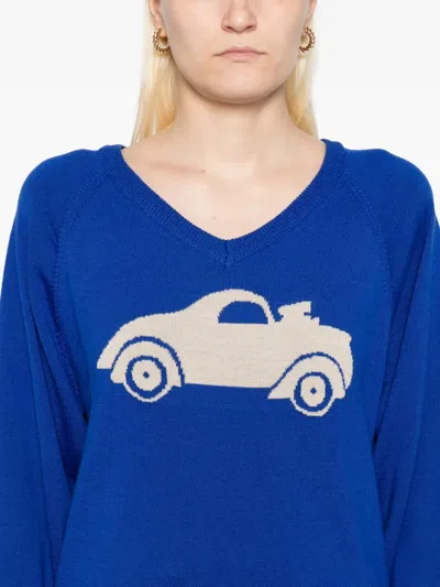 Open Yy Car Pattern Knitted Sweater In Blue