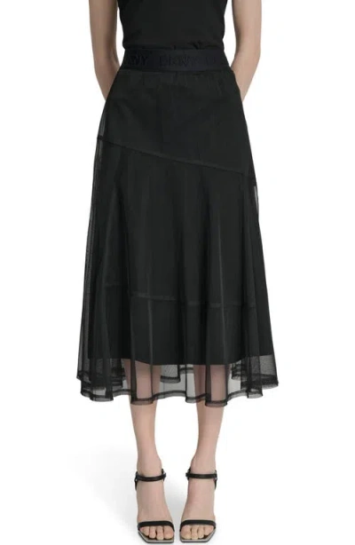 Dkny Women's Layered Mesh Logo-tape Midi Skirt In Black