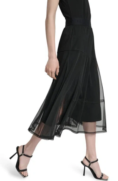 Dkny Women's Layered Mesh Logo-tape Midi Skirt In Black