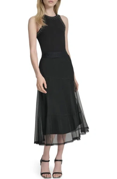 Dkny Women's Layered Mesh Logo-tape Midi Skirt In Black