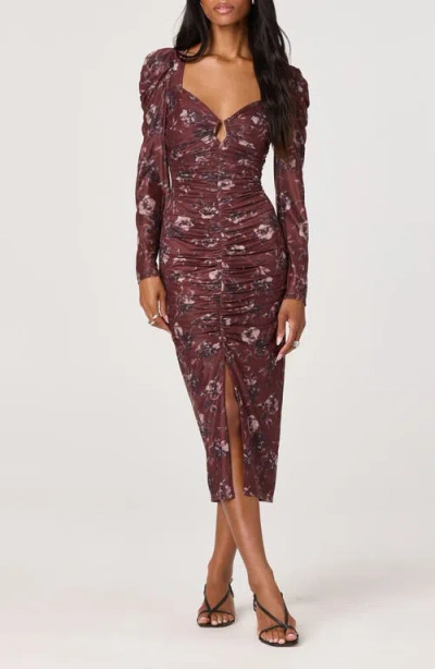 Astr The Label Long Sleeve Ruched Mesh Midi Dress In Brown