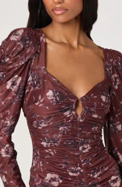 Astr The Label Long Sleeve Ruched Mesh Midi Dress In Brown