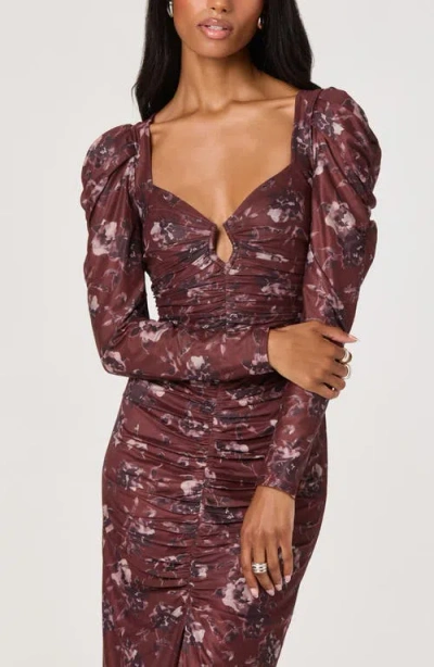 Astr The Label Long Sleeve Ruched Mesh Midi Dress In Brown