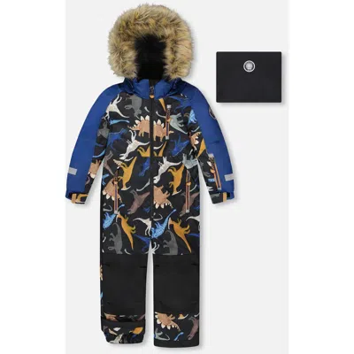Deux Par Deux One-piece Play Snowsuit Dinosaur In Blue