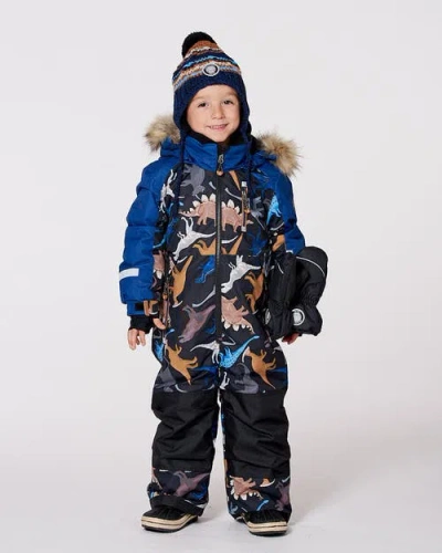 Deux Par Deux One-piece Play Snowsuit Dinosaur In Blue