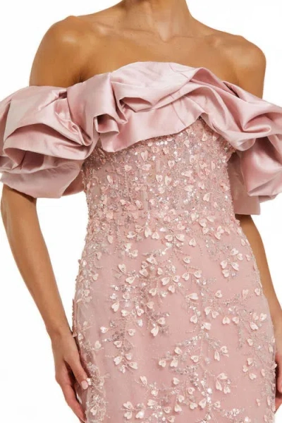 Mac Duggal Beaded Applique Off The Shoulder Mermaid Gown In Multi