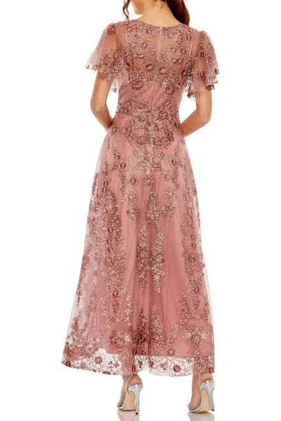 Mac Duggal Flutter Sleeve Faux Wrap V-neck Embellished A-line Tea-length Dress In Purple