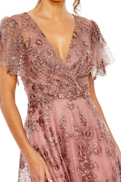 Mac Duggal Flutter Sleeve Faux Wrap V-neck Embellished A-line Tea-length Dress In Purple