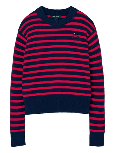 Marc Jacobs Striped-pattern Flower-embellished Sweater In Blue