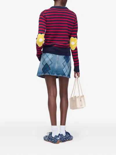 Marc Jacobs Striped-pattern Flower-embellished Sweater In Blue