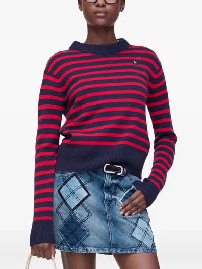 Marc Jacobs Striped-pattern Flower-embellished Sweater In Blue