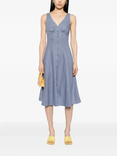 Reformation Sebastien Button Front Linen Midi Dress In Blue