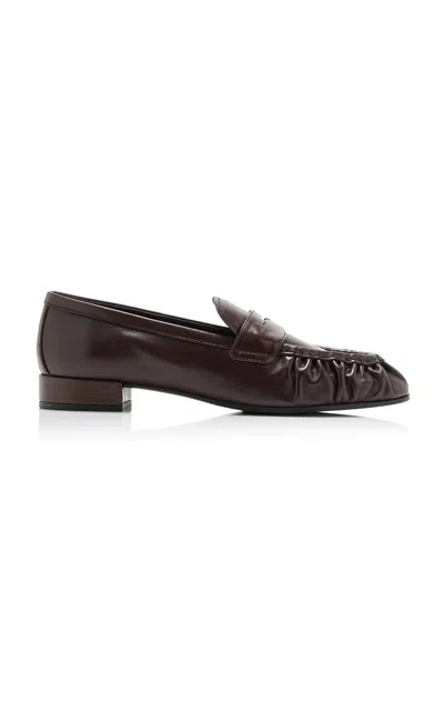 Prada Brown Ruched Loafers With Logo In Brown