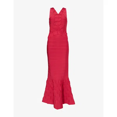 Herve Leger Womens Hibiscus The Phoebe Gown Sleeveless Stretch-knitted Maxi Gown Xs In Red