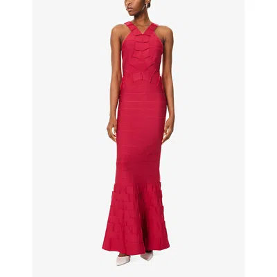 Herve Leger Womens Hibiscus The Phoebe Gown Sleeveless Stretch-knitted Maxi Gown Xs In Red