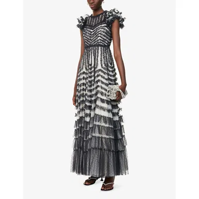 Needle & Thread La Vie En Rose Round Neck Short Sleeve Gown In Black