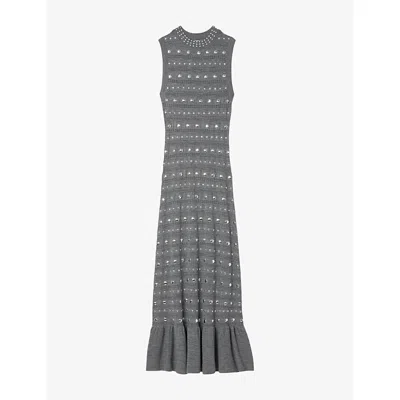 Sandro Womens Grey Studded Ruffled-hem Stretch Pointelle-knit Maxi Dress In Gray