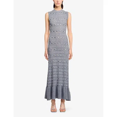 Sandro Womens Grey Studded Ruffled-hem Stretch Pointelle-knit Maxi Dress In Gray