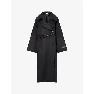 Ganni Double Wool Long Coat In Gray