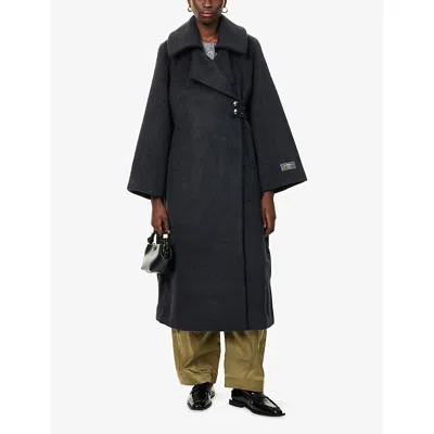 Ganni Double Wool Long Coat In Gray