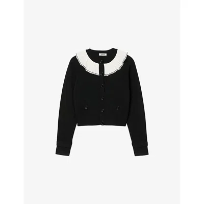 Sandro Womens Black Contrast-collar Button-down Knitted Cardigan In Black