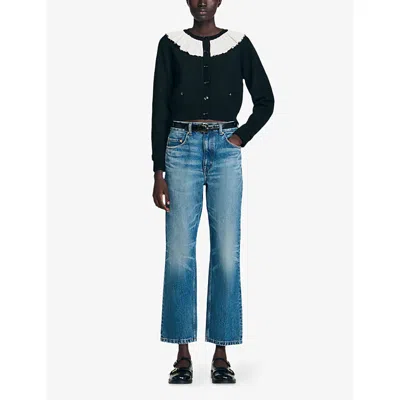 Sandro Womens Black Contrast-collar Button-down Knitted Cardigan In Black