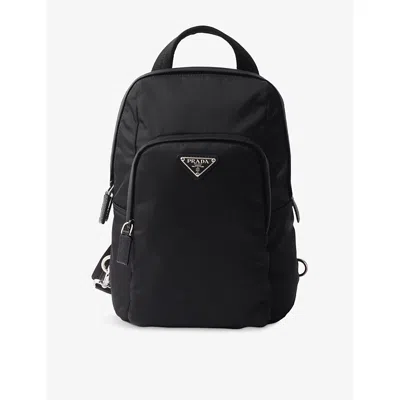 Prada Mens Black Logo-plaque Re-nylon And Saffiano-leather Backpack In Blue