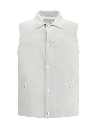 Brunello Cucinelli Leather Vest With Sleeveless Design And Slip Pockets In White