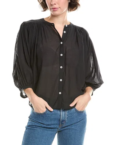 Madewell Shirred Crewneck Button-up Top In Black