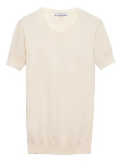 Prada Silk-cotton Short-sleeve Sweater In Neutral