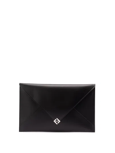 Fendi Large Flat Pouch With Envelope Design And Wrist Strap In Black