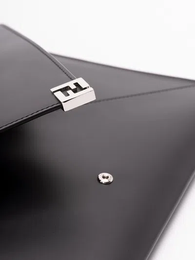 Fendi Large Flat Pouch With Envelope Design And Wrist Strap In Black