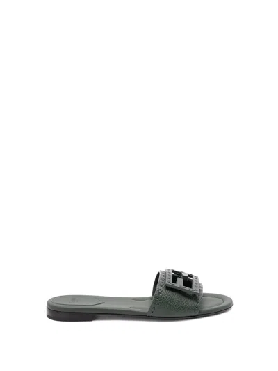 Fendi Open Toe Leather Signature Slippers In Black