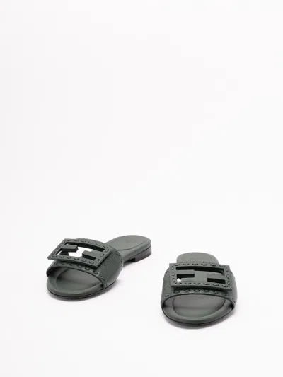 Fendi Open Toe Leather Signature Slippers In Black