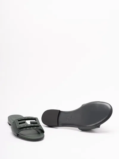 Fendi Open Toe Leather Signature Slippers In Black