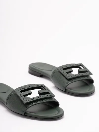 Fendi Open Toe Leather Signature Slippers In Black