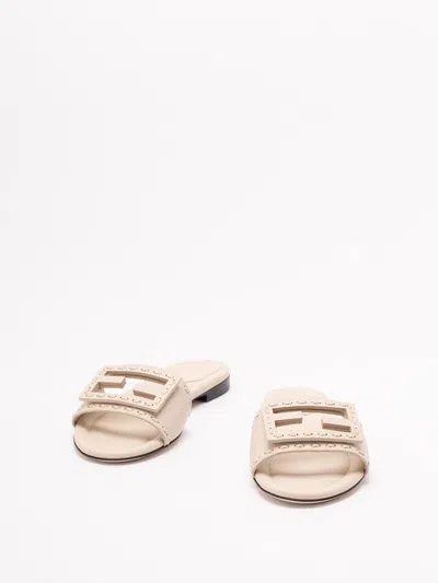 Fendi Baguette Ff Leather Buckle Flat Slide Sandals In White