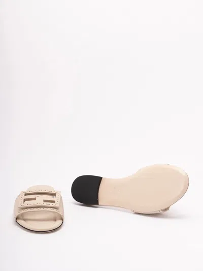 Fendi Baguette Ff Leather Buckle Flat Slide Sandals In White