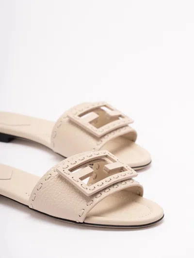 Fendi Baguette Ff Leather Buckle Flat Slide Sandals In White