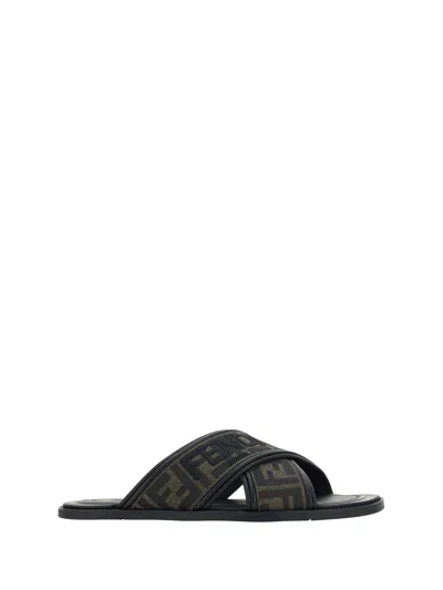 Fendi Double Crossed Band Logo Slides With Jacquard Ff Design In Black