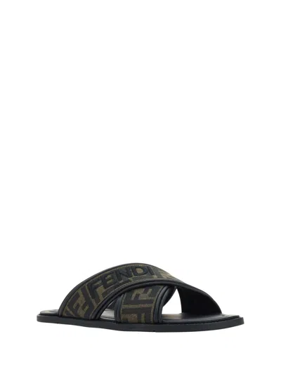 Fendi Double Crossed Band Logo Slides With Jacquard Ff Design In Black