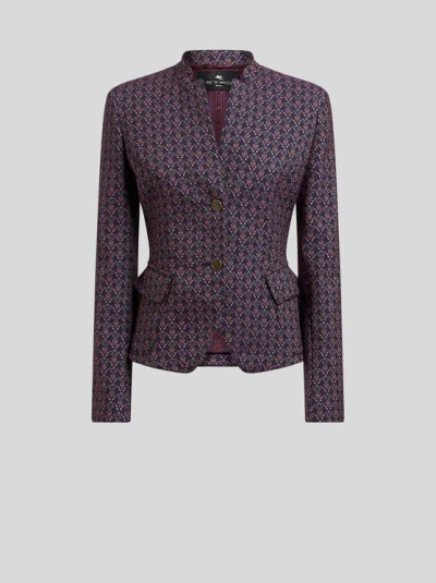 Etro Jacquard Single-breasted Blazer In Burgundy