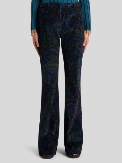 Etro Paisley-print Flared Viscose Trousers In Blue