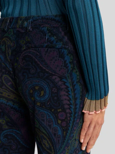 Etro Paisley-print Flared Viscose Trousers In Blue