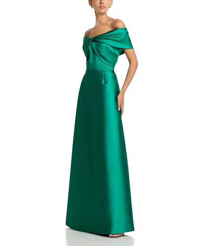 Teri Jon By Rickie Freeman Stretch Mikado Off Shoulder Twist Front Gown In Green