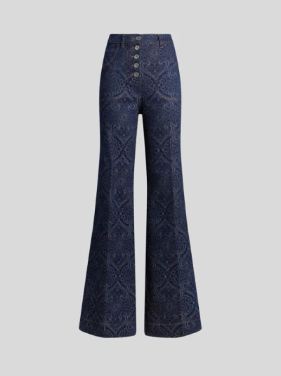 Etro Flared Jacquard Denim Jeans With Pegaso Buttons In Blue