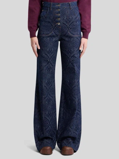 Etro Flared Jacquard Denim Jeans With Pegaso Buttons In Blue