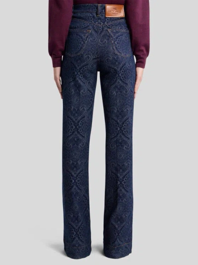 Etro Flared Jacquard Denim Jeans With Pegaso Buttons In Blue