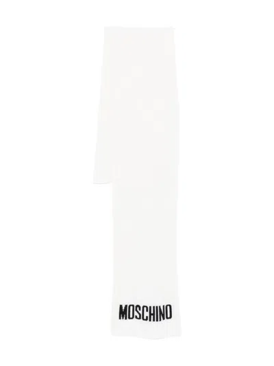 Moschino Ribbed Logo Scarf In Neutral
