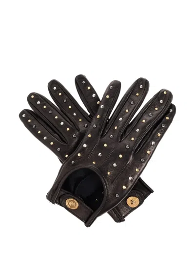 Versace Studded Leather Gloves In Black